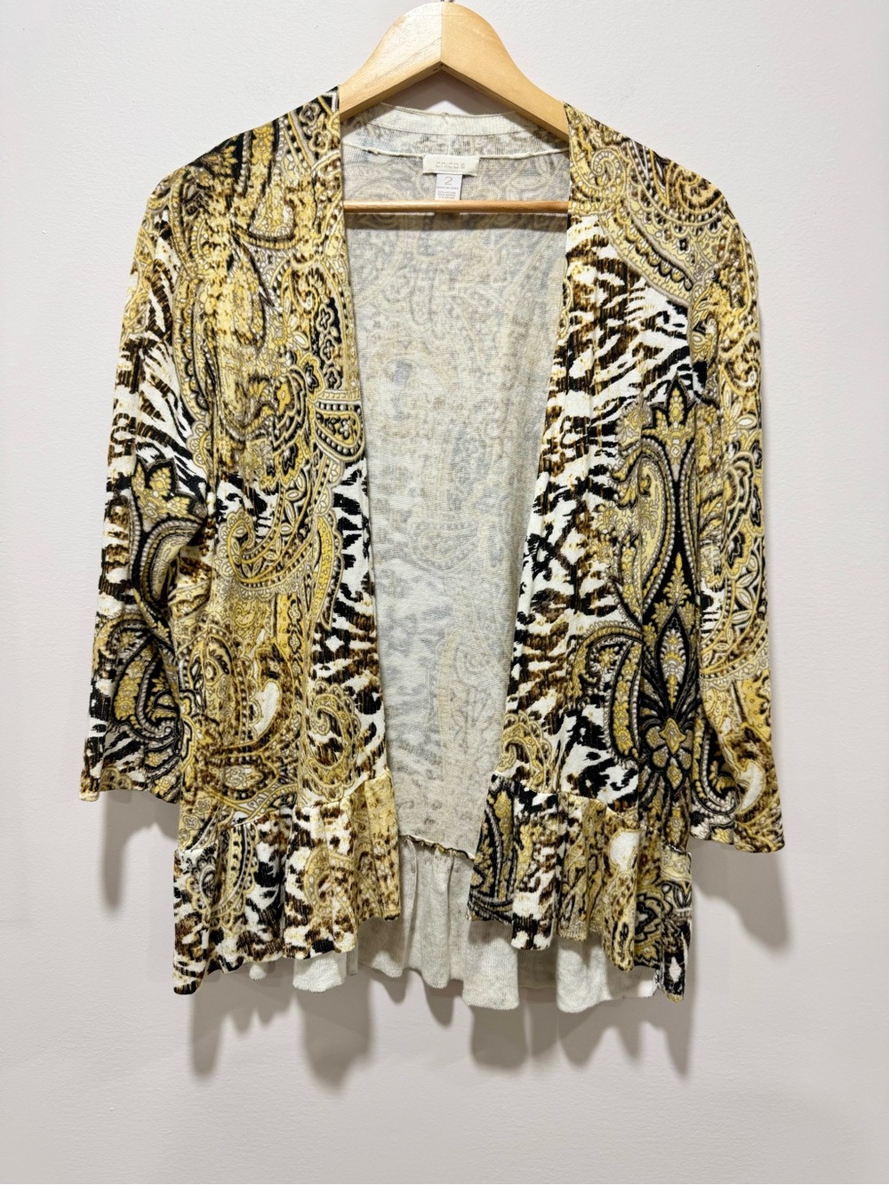 Chico's Paisley Animal Print Ruffle Hem Cardigan Chicos Size 2 (Large L)